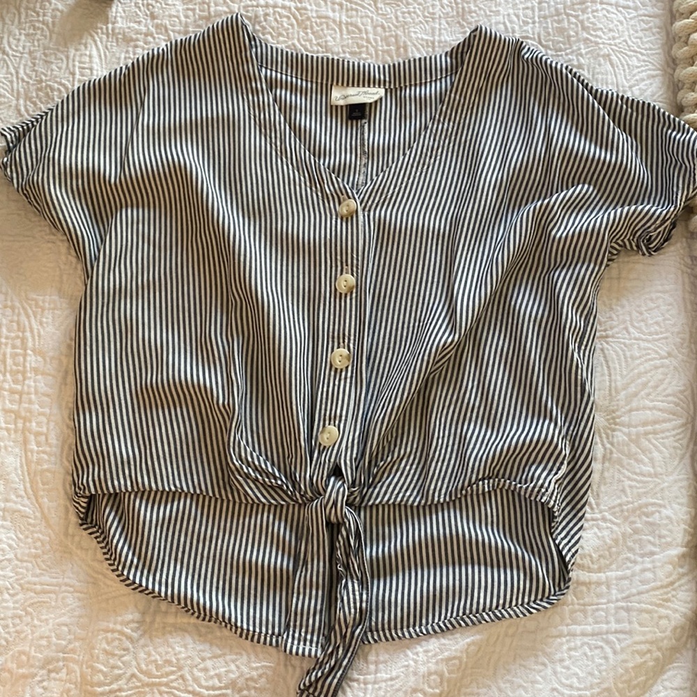 Striped tie front button down shirt